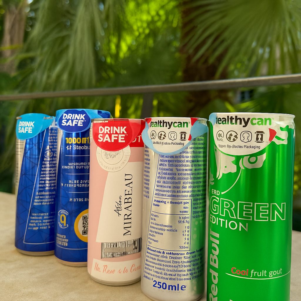 Prototypes DrinkSafe posés sur des canettes de marques et de formats différents