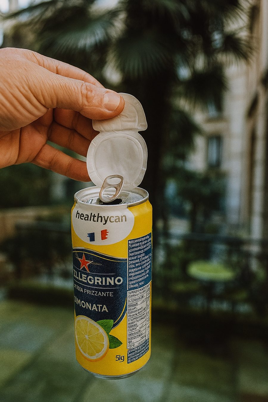 Main retirant l'opercule DrinkSafe d'une canette de limonade